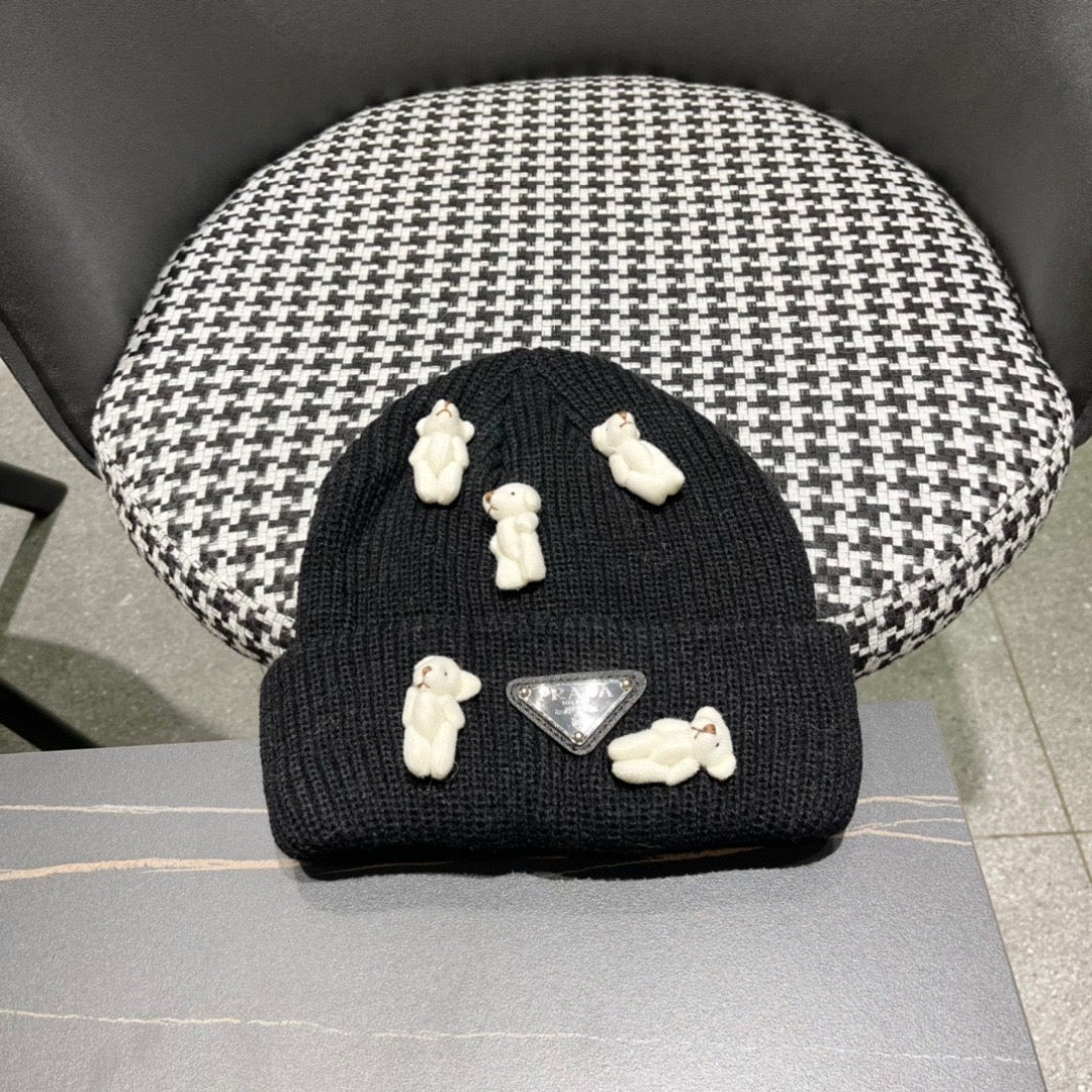 Prad 26FW Double-Layer Knit Beanie Bear Design Knitted Wool 552005