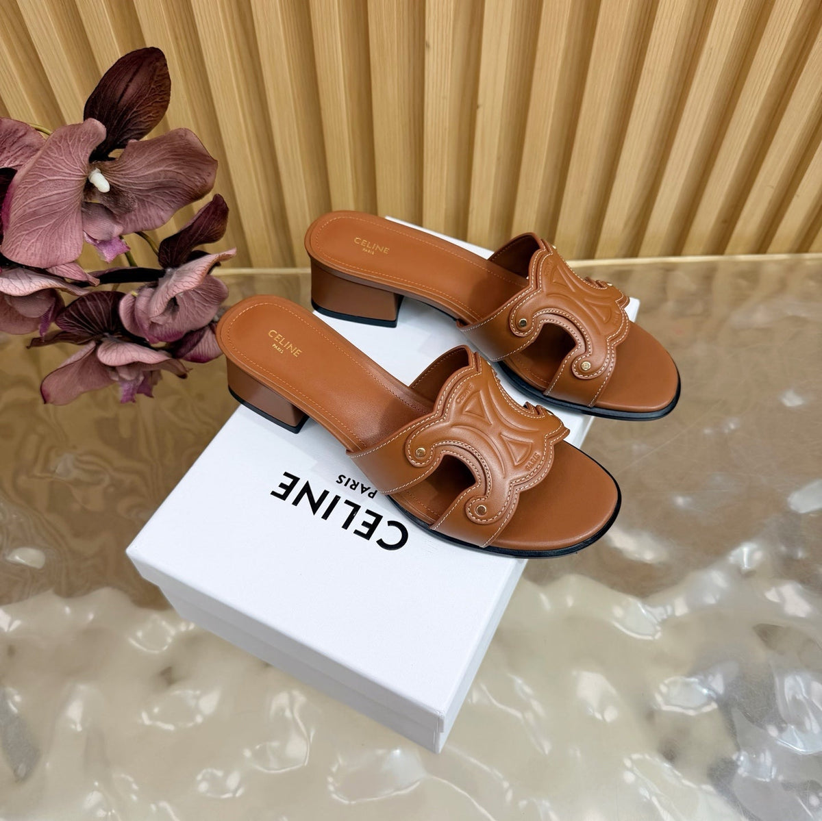 Celine 26s Triomphe Block Heel Mules In Cognac Brown Calfskin