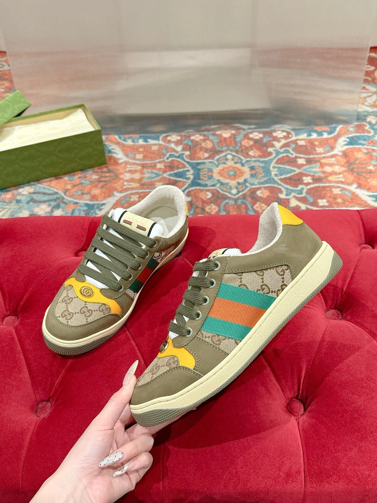 GG 26s Screener Sneaker Olive Green Suede And Beige Canvas