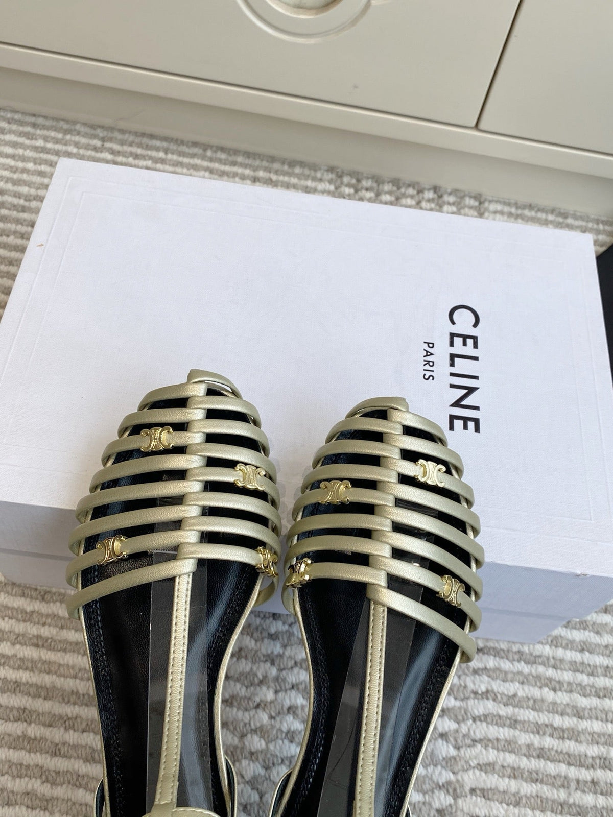 Celine 26s Clea Triomphe Gladiator Sandals Champagne Gold Lambskin 735106