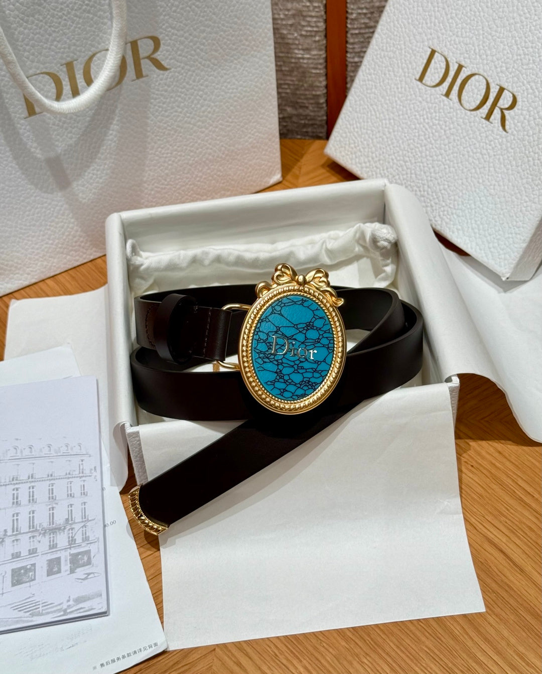 CD 26FW Medaillon Belt 2.5cm Turquoise-Effect Buckle Beige Calfskin 220648