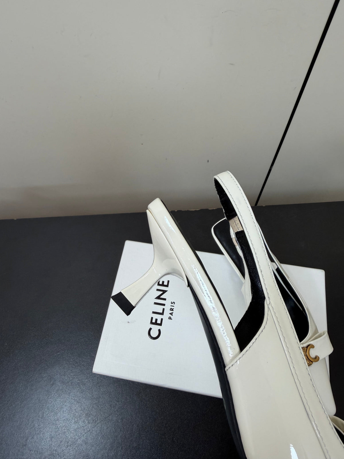 Celine 26s Triomphe Slingback Pumps In White Patent Calfskin Gold Hardware