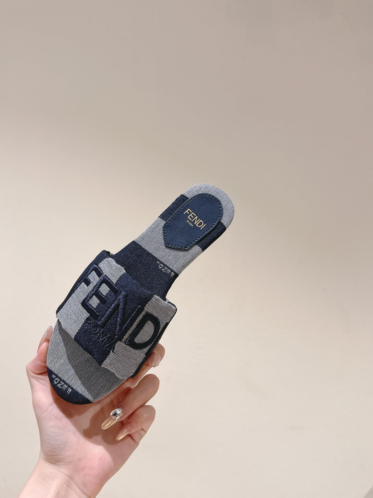 Fendi 26S Slide Sandals Dark Blue And Grey Canvas