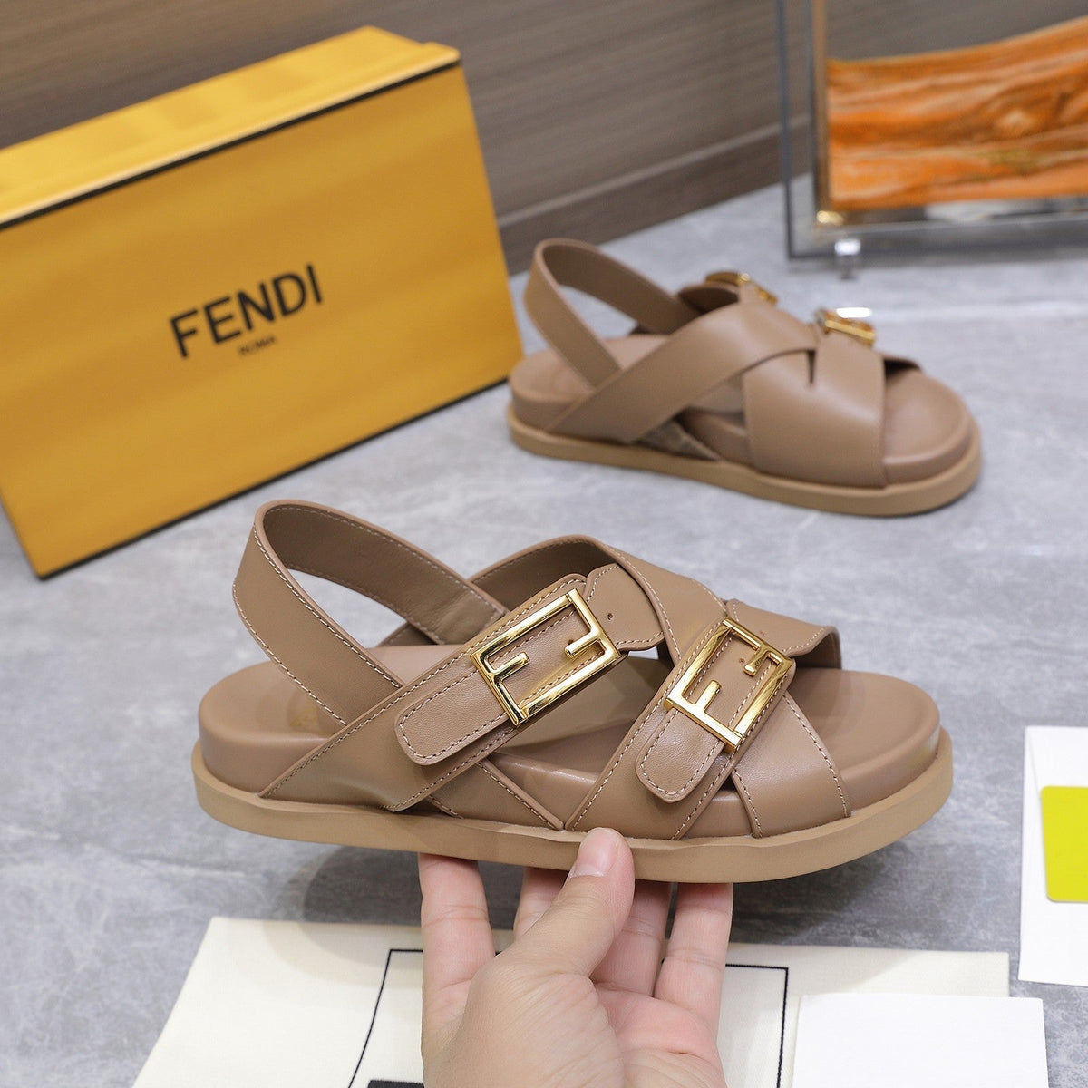 Fendi 26S Flat Sandals Pale Beige Calfskin
