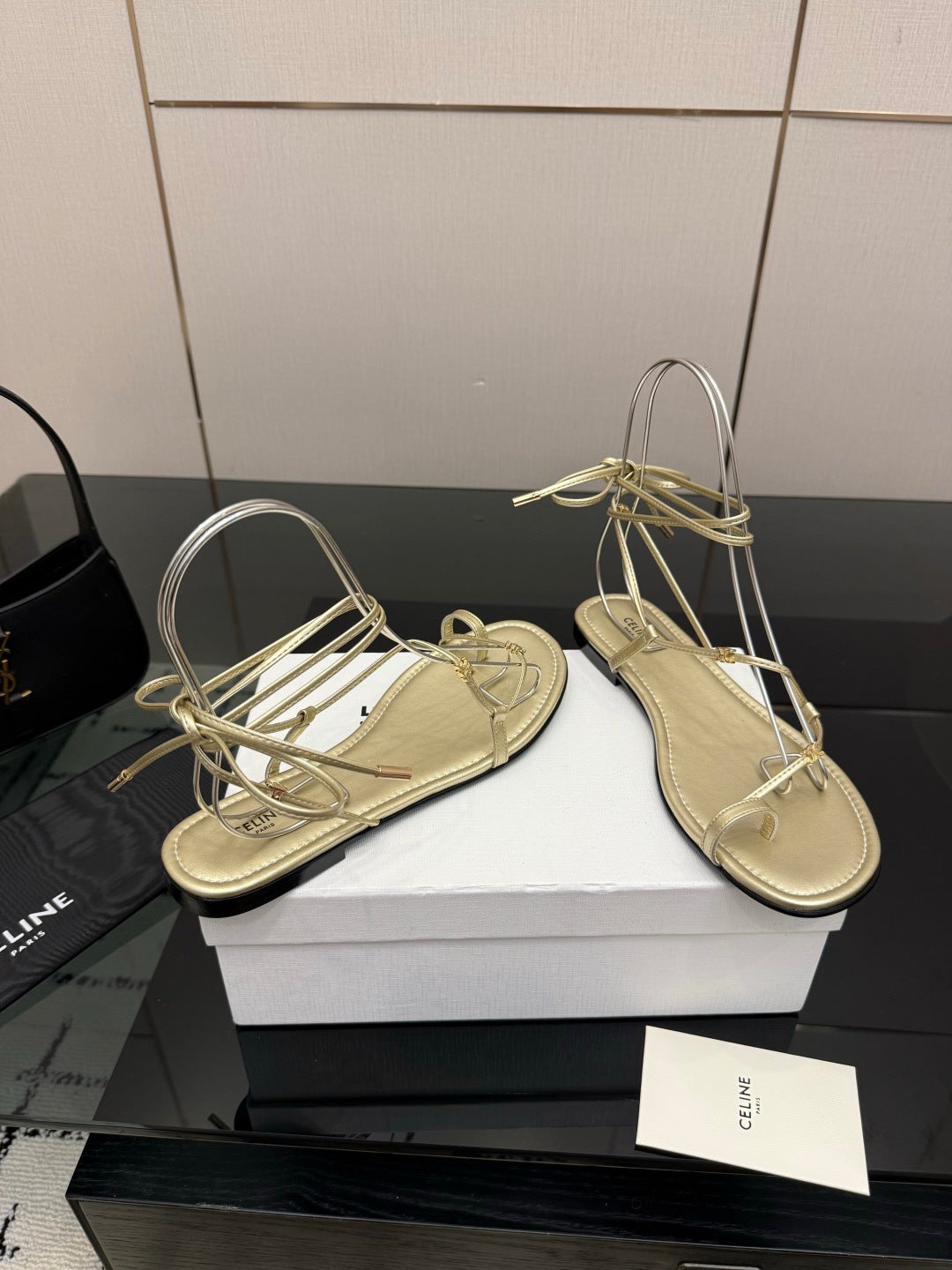 Celine 26s Triomphe Lace Up Flat Sandals Gold Calfskin 538194