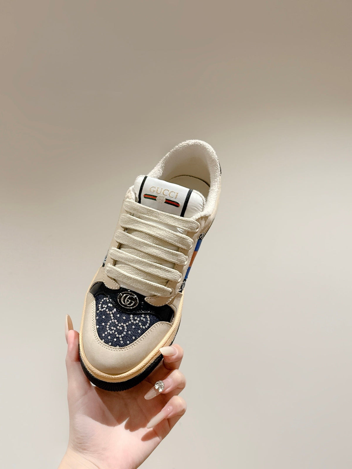 GG 26s Screener Sneaker Beige Suede Mix Navy Blue Canvas