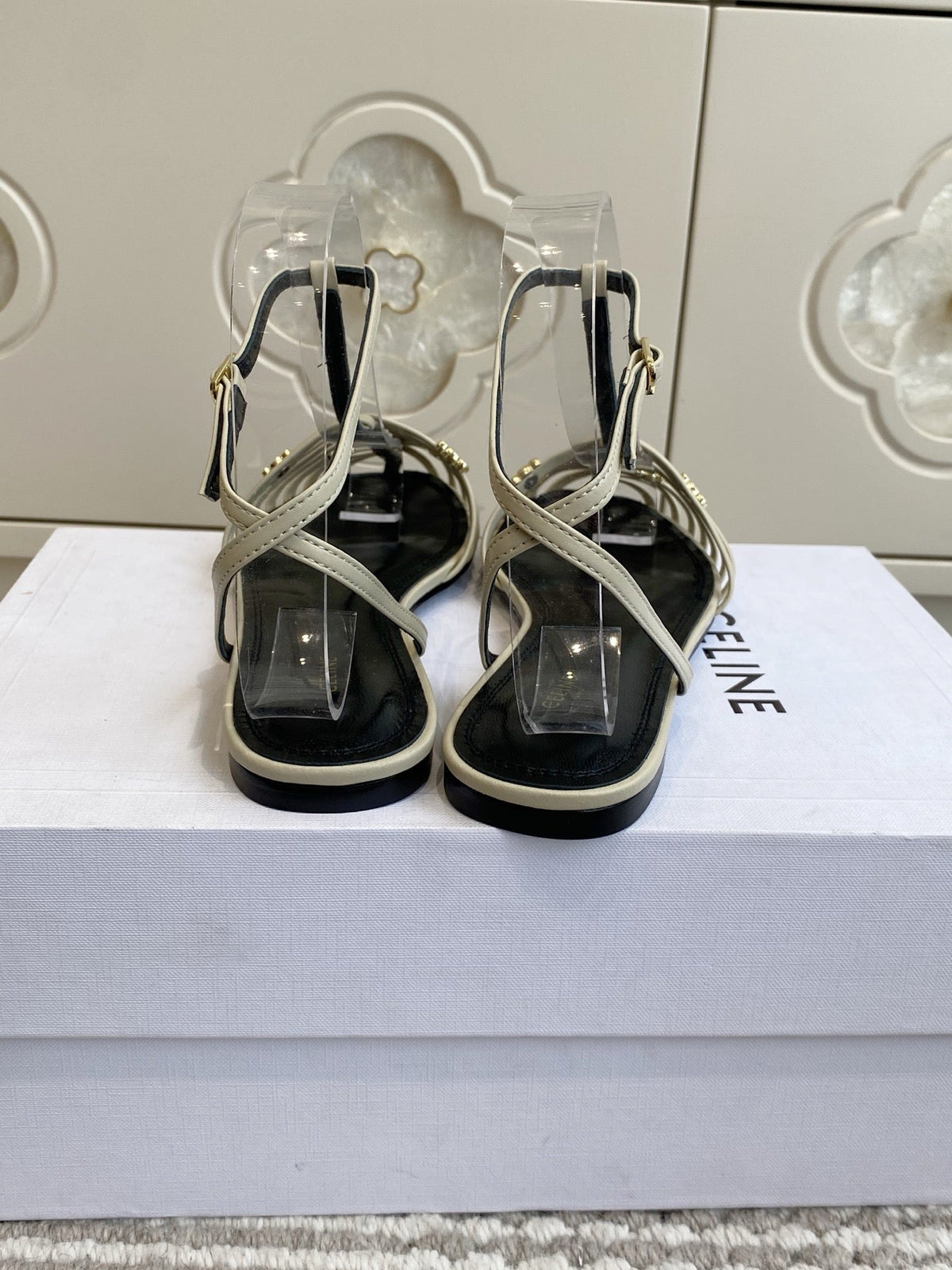 Celine 26s Clea Triomphe Gladiator Sandals Beige Lambskin 519284