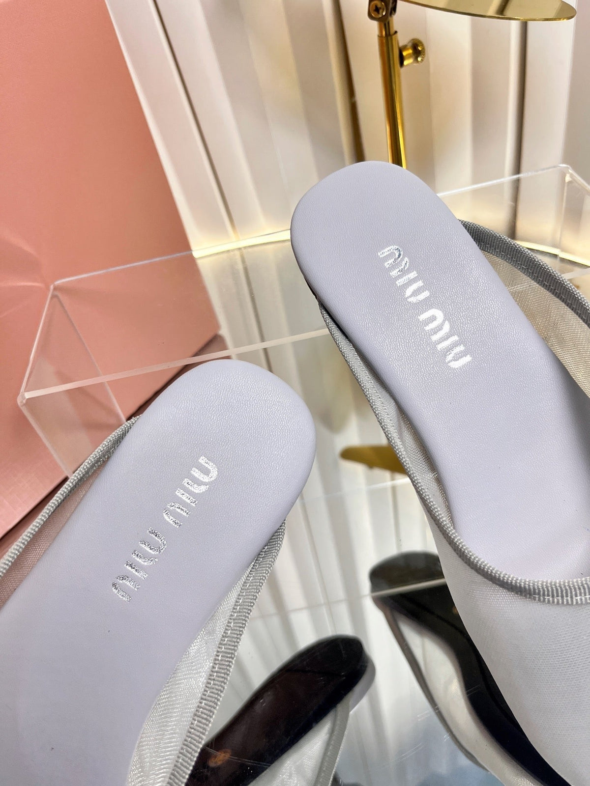 Miumiu 26S Flat Mules Grey Fabric And Leather