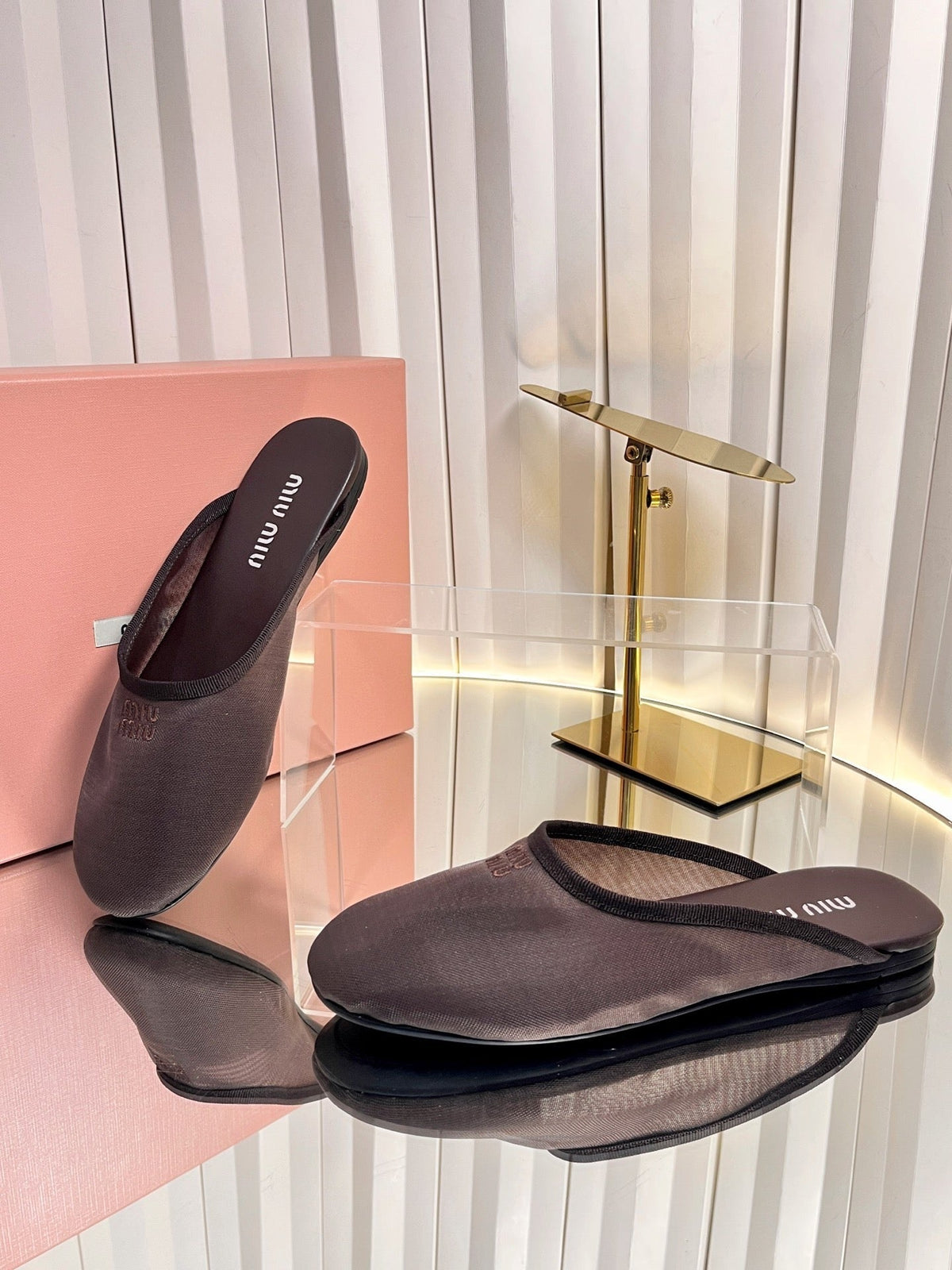 Miumiu 26S Flat Mules Chocolate Brown Fabric And Leather