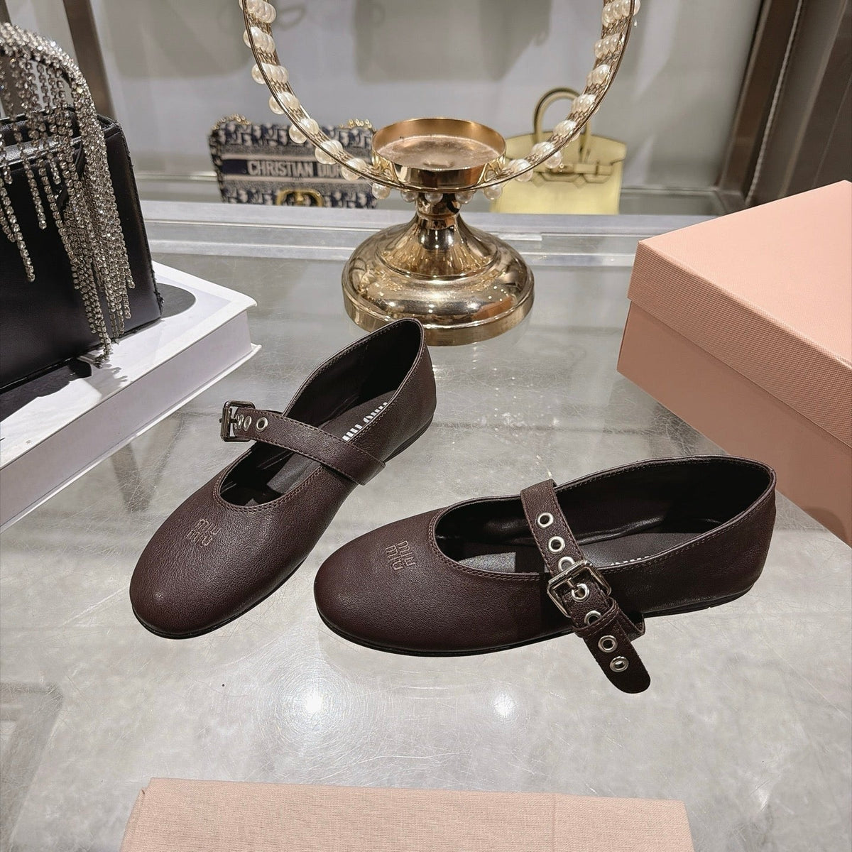Miumiu 26S Mary Jane Flats Dark Brown Lambskin