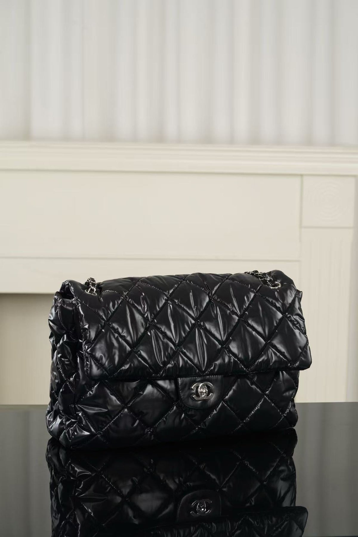 CC 26FW Coco Neige Maxi Flap Bag 38cm Black Glossy Nylon