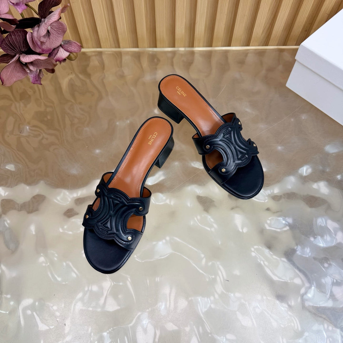 Celine 26s Triomphe Block Heel Mules In Navy Black Calfskin