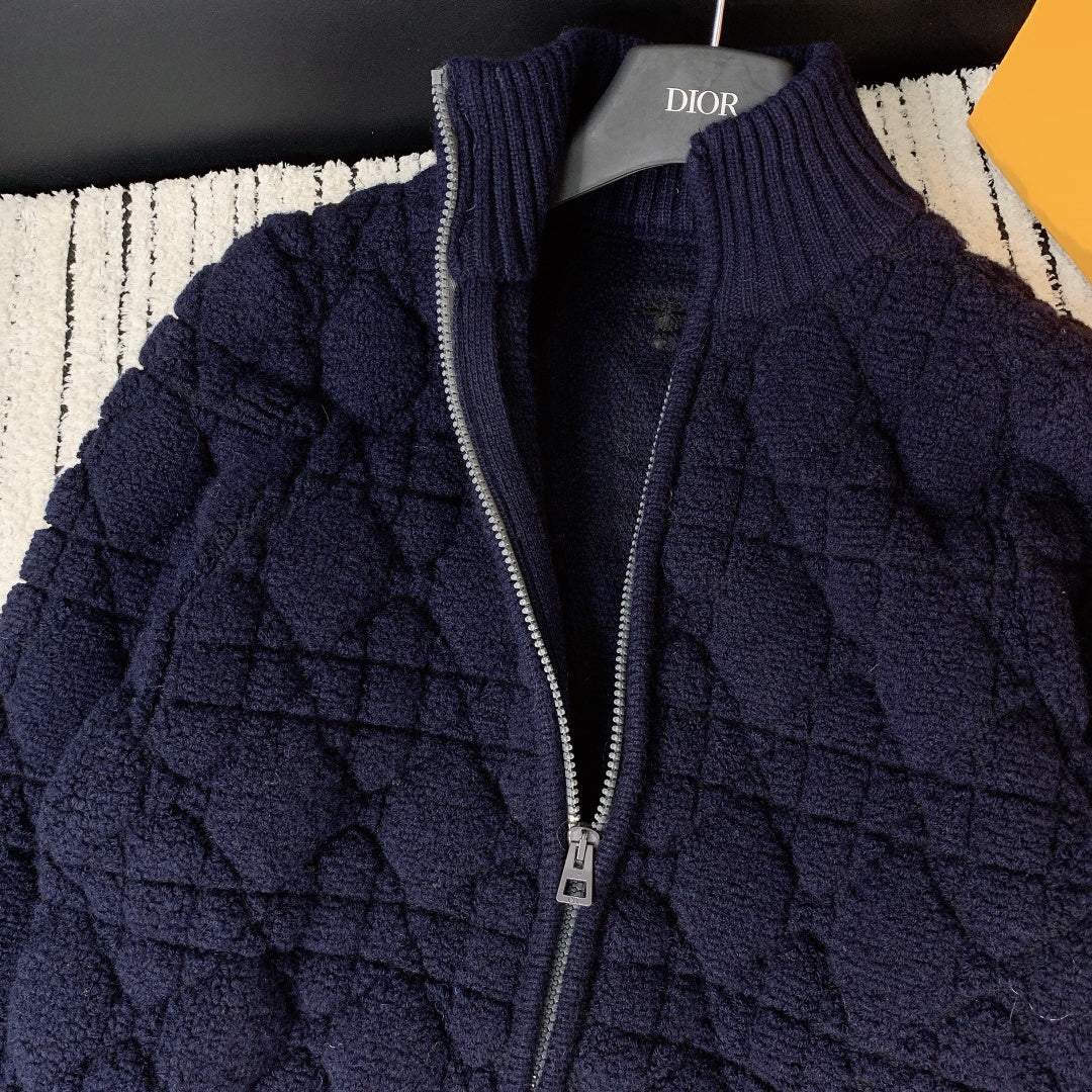 Dior 2026 Macrocannage Zipped Cardigan Navy Blue Wool 446701
