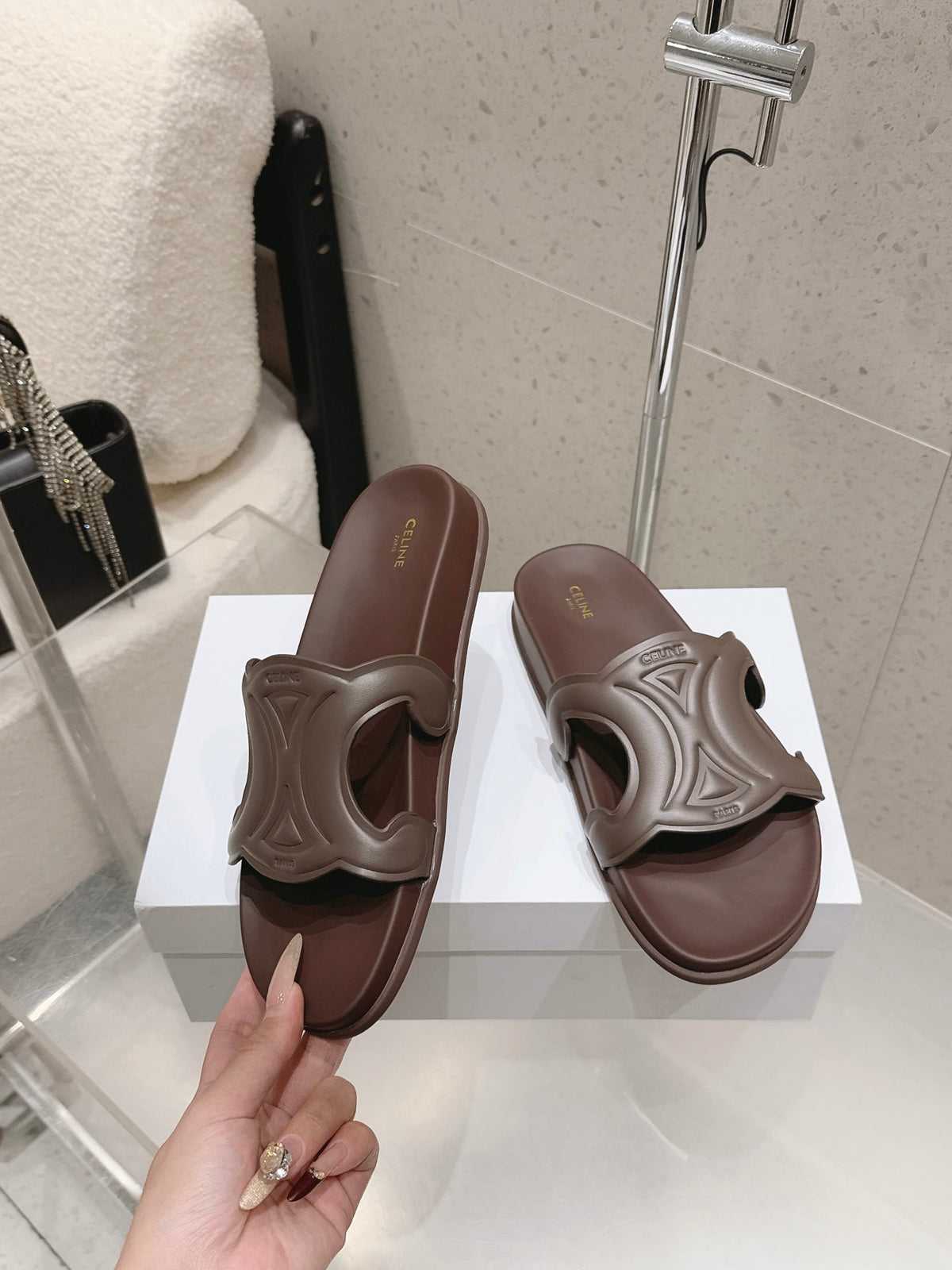Celine 26s Triomphe Slides Dark Brown Calfskin 629471