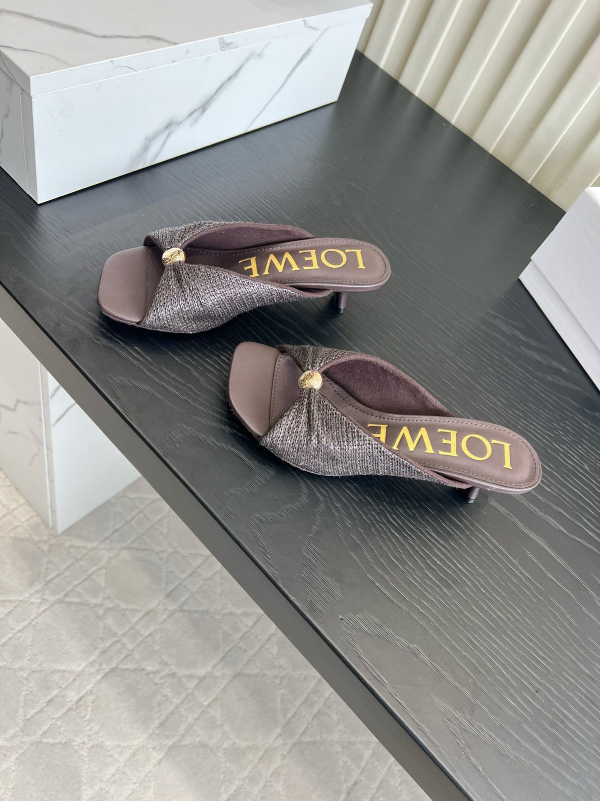 Loewe 26S High-Heel Sandals 45 mm In Dark Brown Raffia And Lambskin