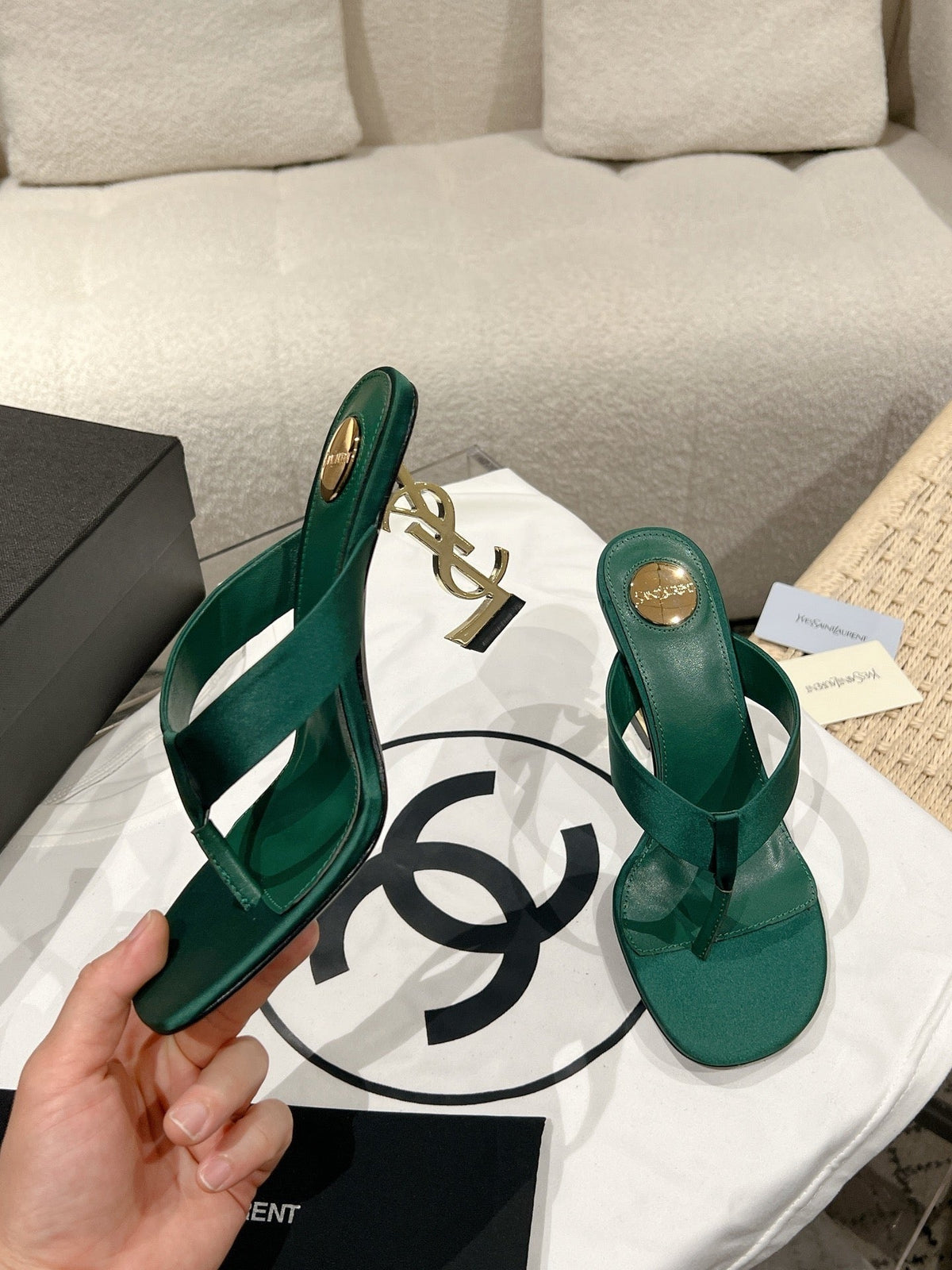 YSL 26S Heeled Thong Sandals 8.5cm Dark Green Satin