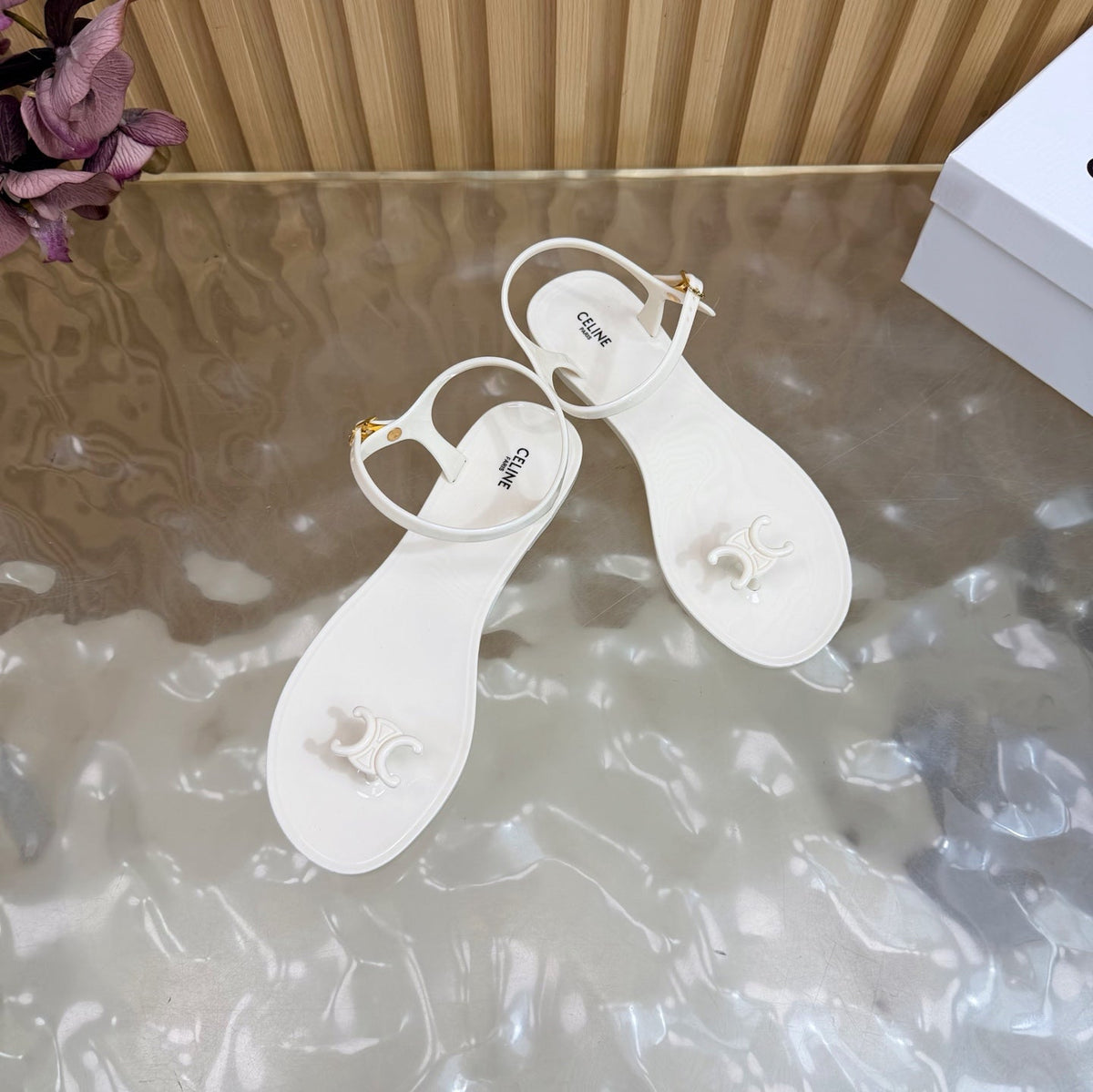 Celine 26s Triomphe Jelly Thong Sandals White TPU Gold Hardware 681427