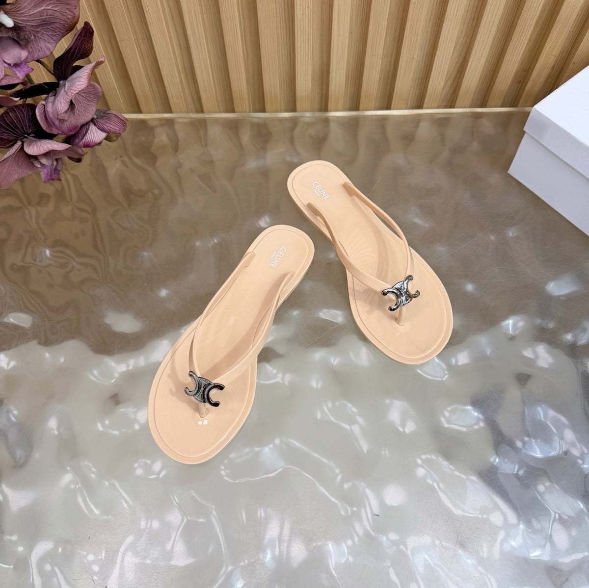 Celine 26s Triomphe Thong Sandals Nude Beige TPU Silver Hardware 249715
