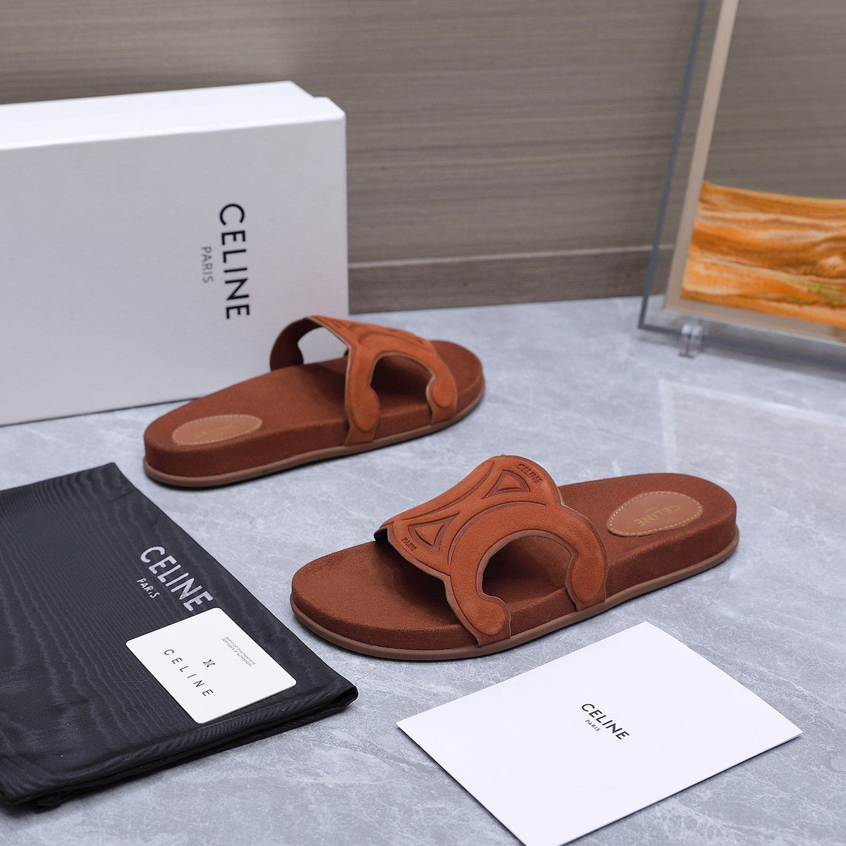 Celine 26s Triomphe Slides Cognac Brown Suede 915403