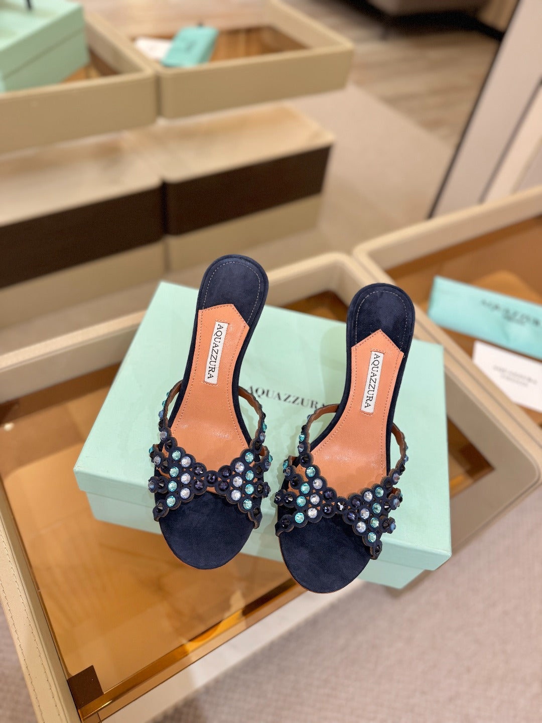 Aquazzura 26S Tequila Heeled Sandals 8.5cm Navy Blue Suede