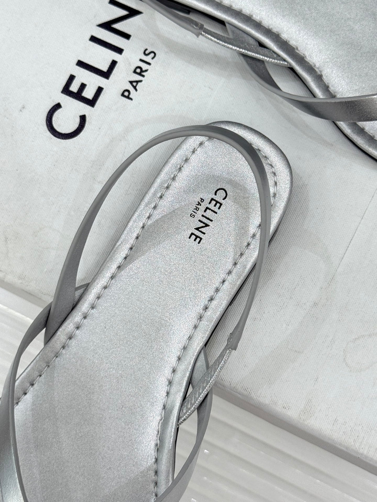 Celine 26s Thong Sandals Silver Calfskin 416283