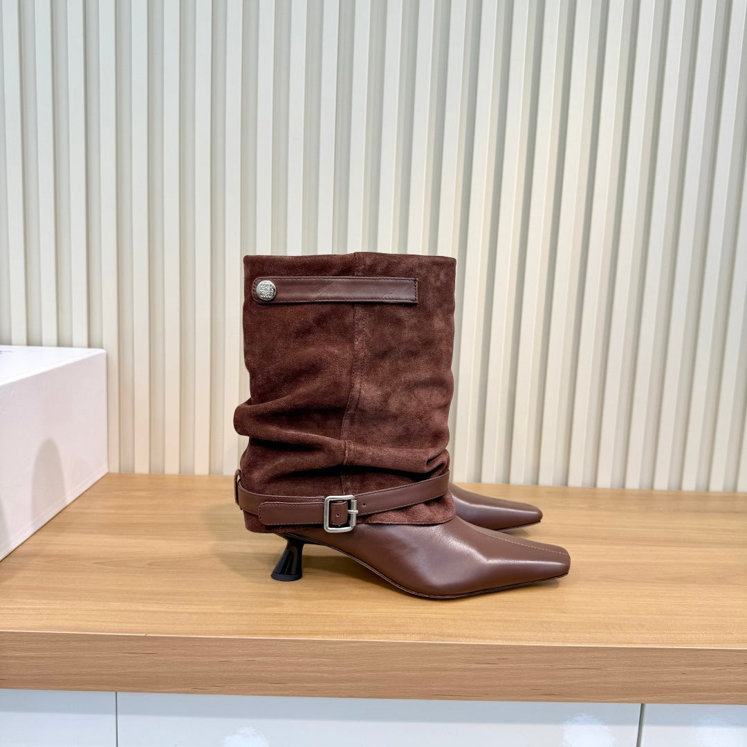 LW 26FW Slouchy Mid-Calf Boots Pointed Toe Kitten Heel Buckle Strap Suede Leather 147556