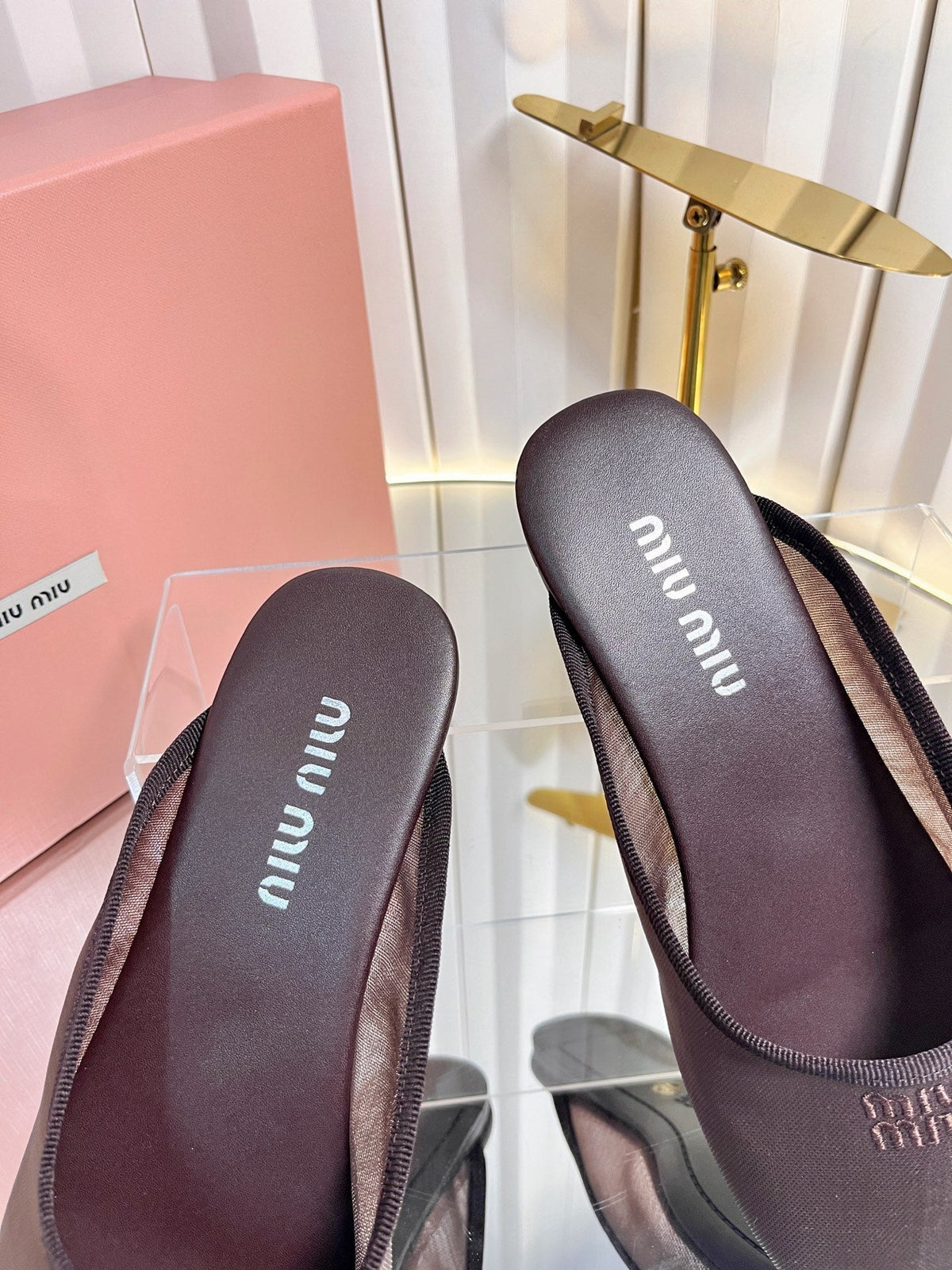Miumiu 26S Flat Mules Chocolate Brown Fabric And Leather