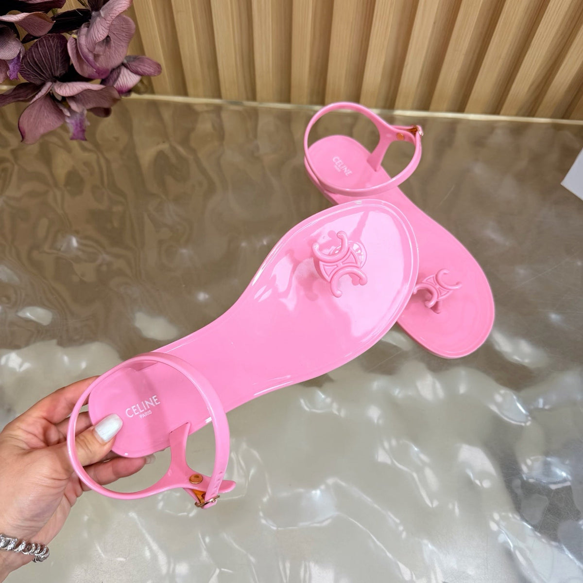 Celine 26s Triomphe Jelly Thong Sandals Pink TPU Gold Hardware 472195