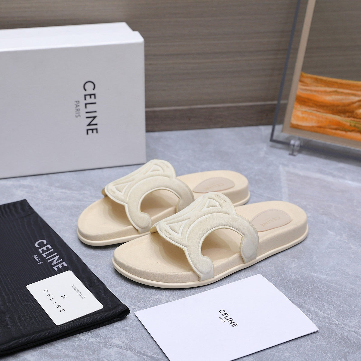 Celine 26s Triomphe Slides Cream White Suede 247058