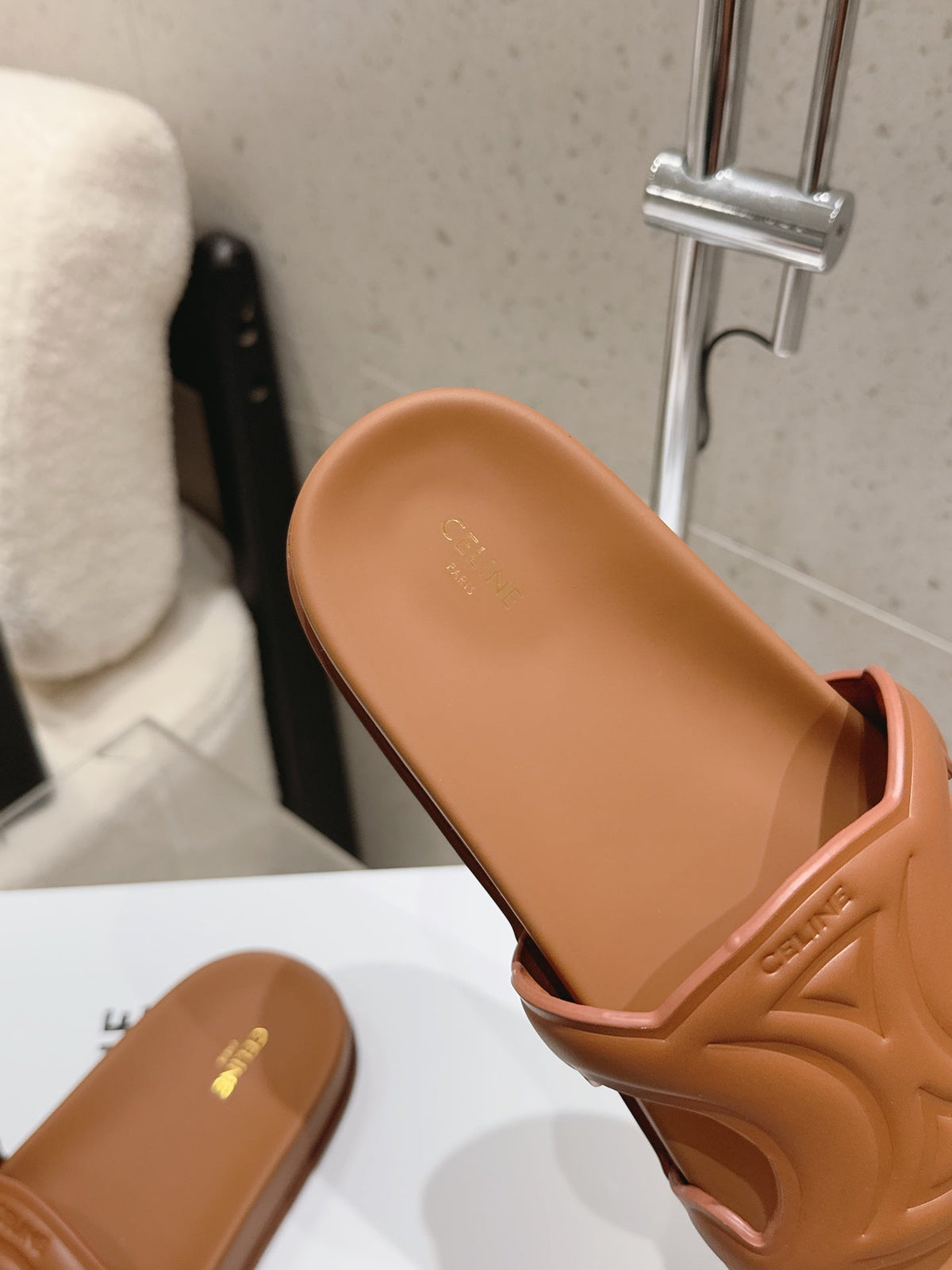 Celine 26s Triomphe Slides Brown Calfskin 394815