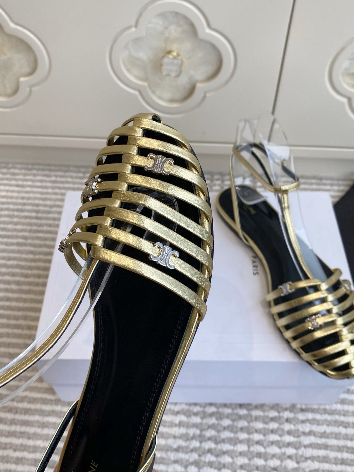 Celine 26s Clea Triomphe Gladiator Sandals Gold Lambskin 629148