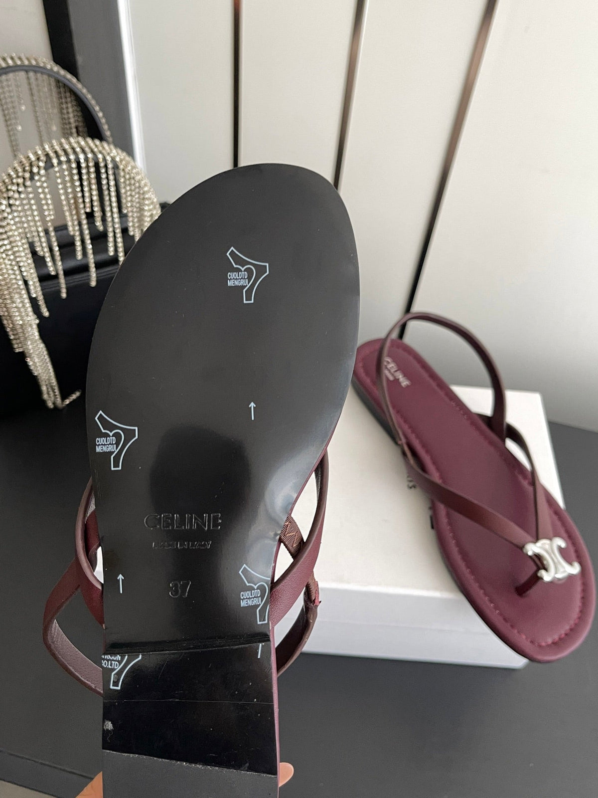 Celine 26s Thong Sandals Dark Red Calfskin 538164
