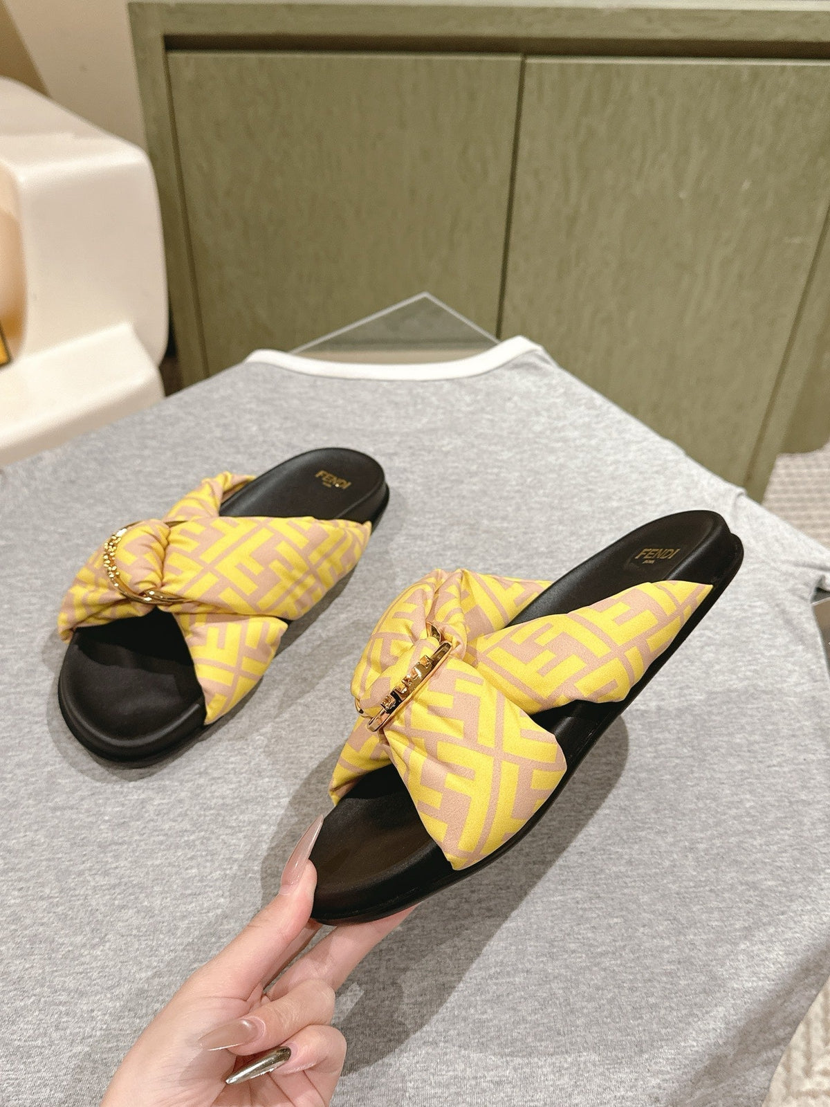 Fendi 26S Wide Cross-Strap Sandals Yellow Fabric