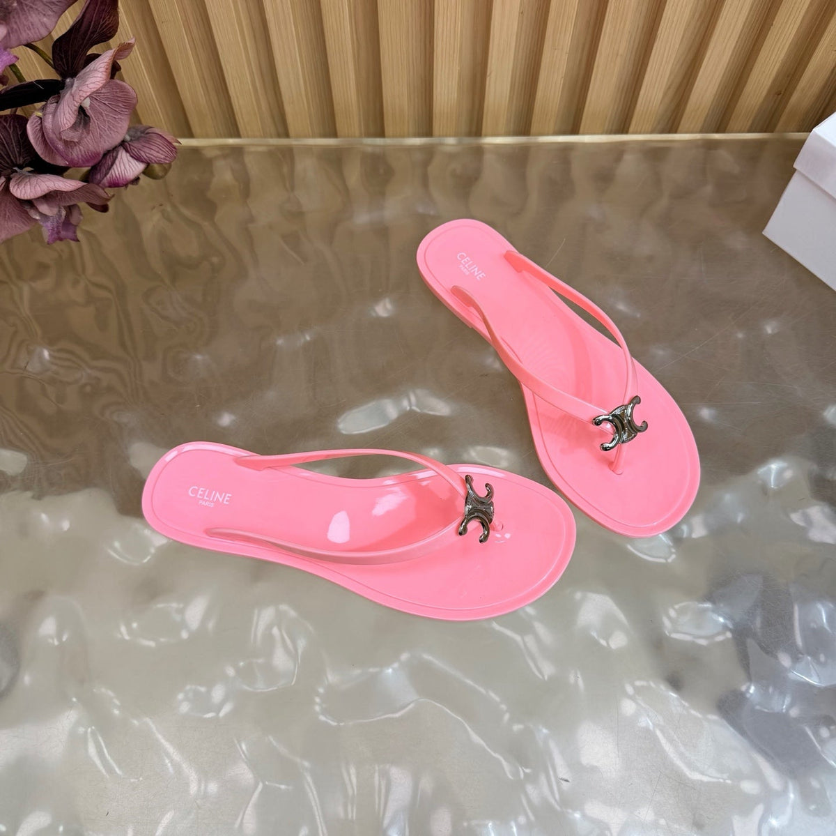 Celine 26s Triomphe Thong Sandals Pink TPU Silver Hardware 158392