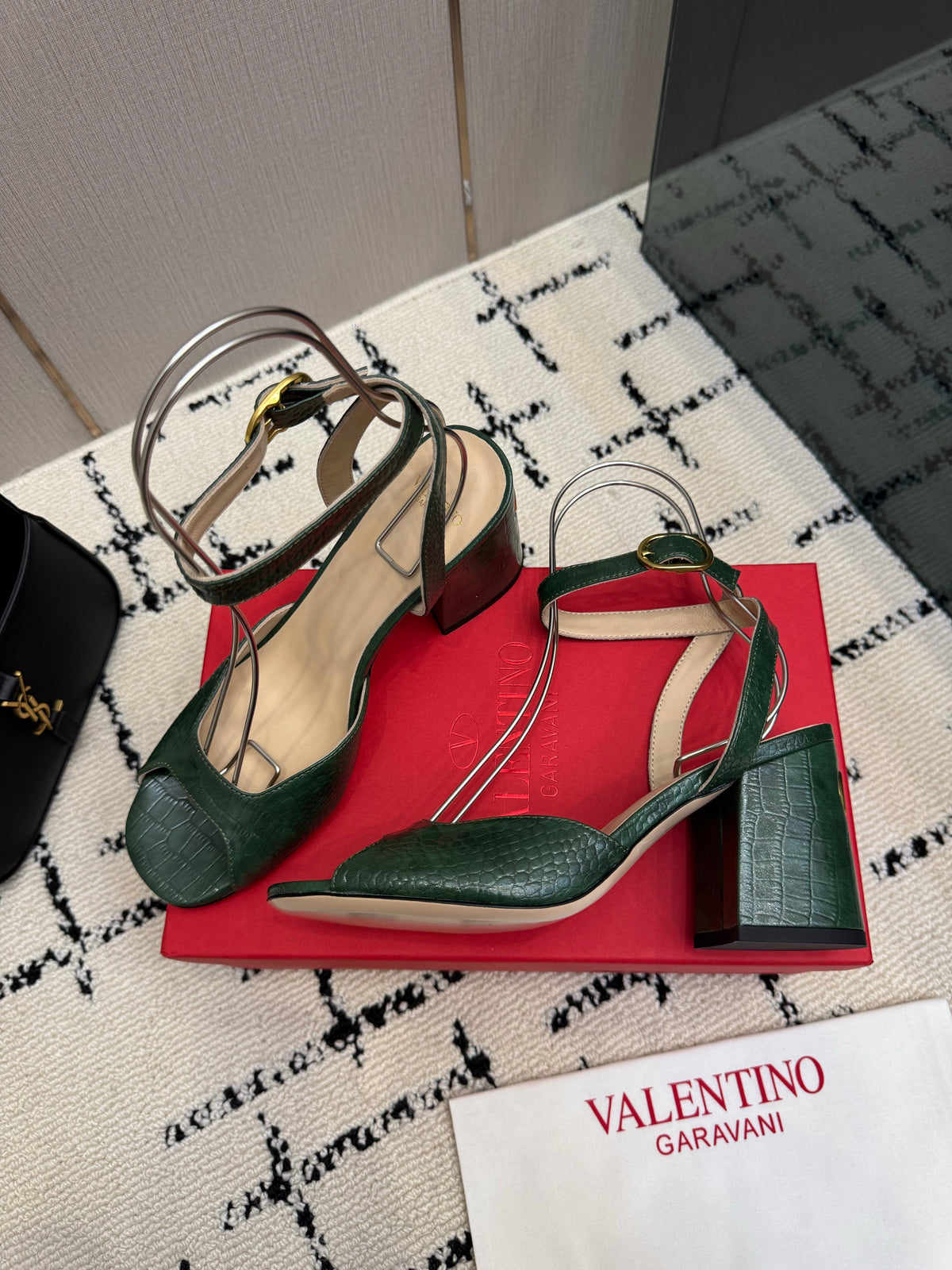 Valentino 26S Square Toe Ankle Strap Sandals In Dark Green Croc-Embossed Leather