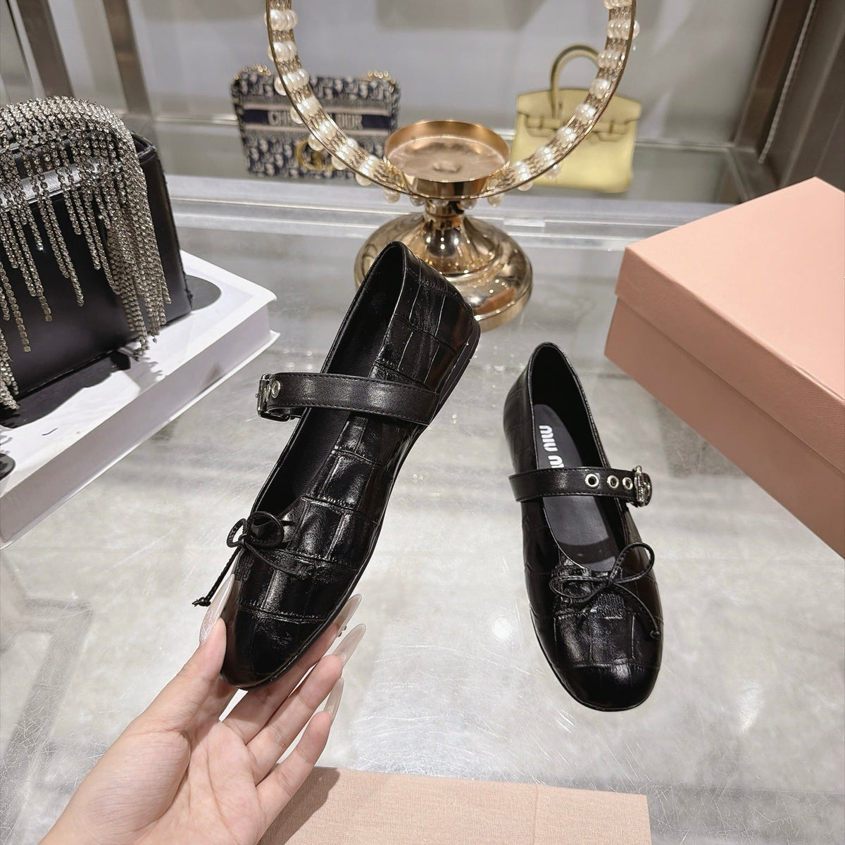 Miumiu 26S Mary Jane Flats Black Croc-Embossed Leather
