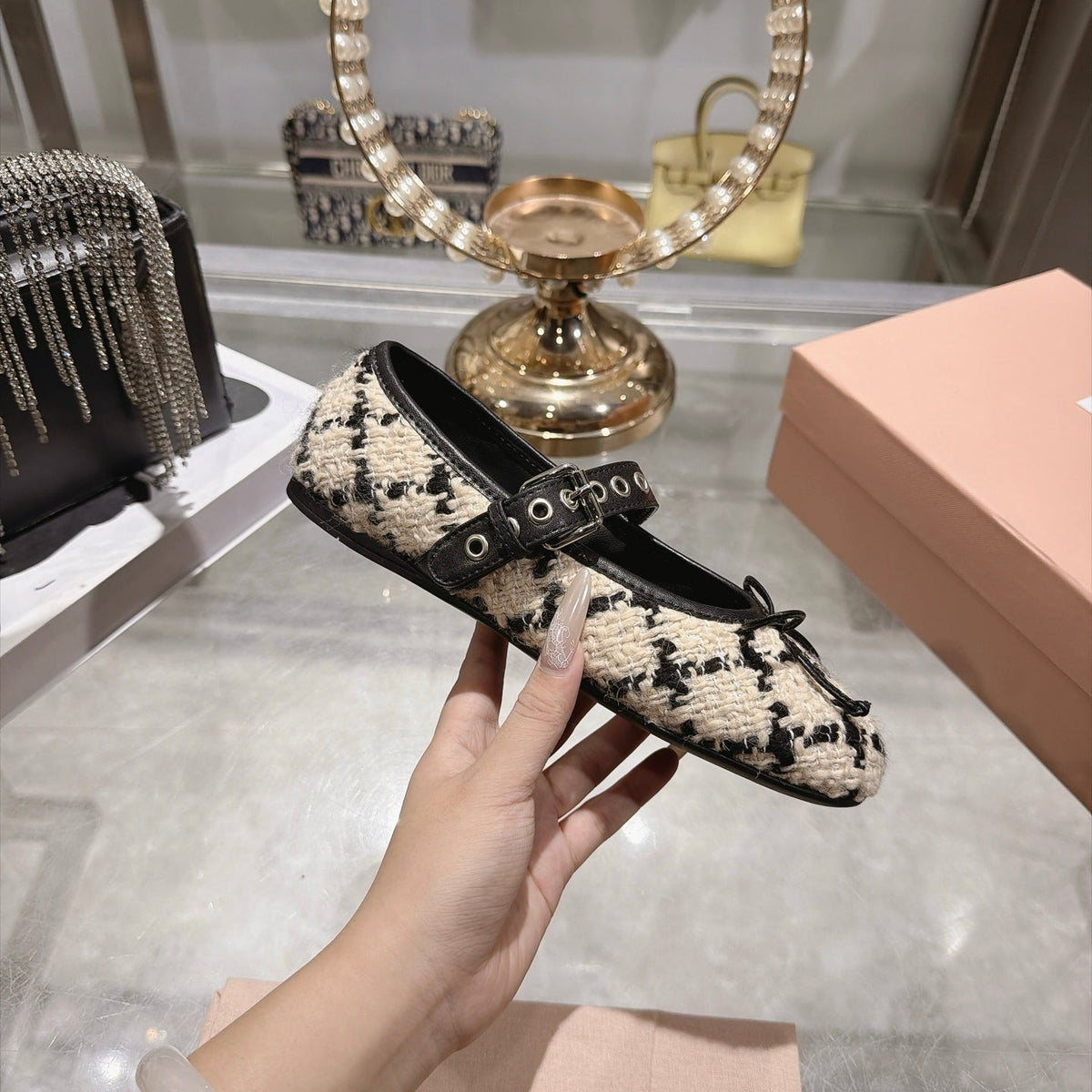 Miumiu 26S Mary Jane Flats Black And Beige Tweed Fabric