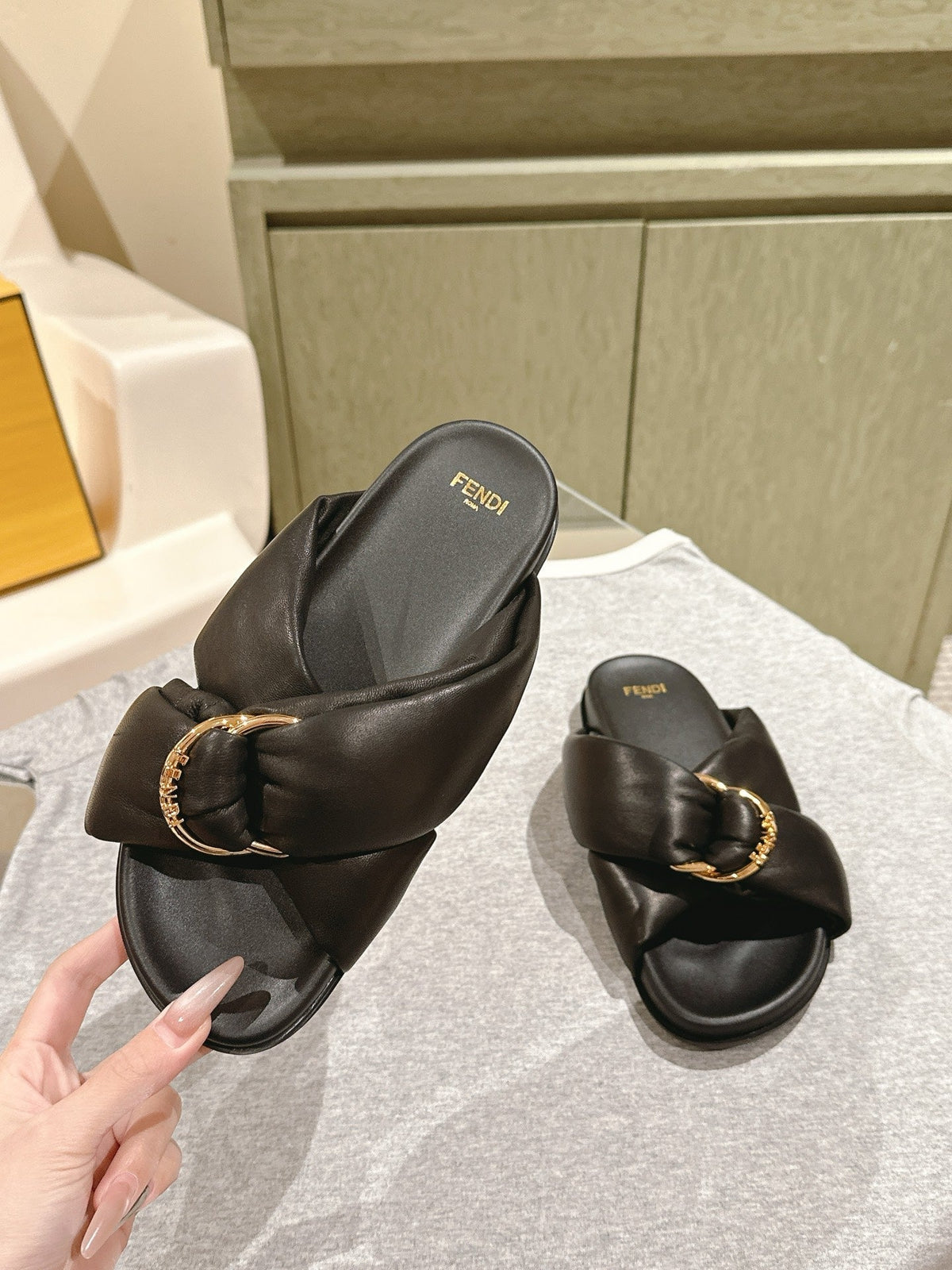 Fendi 26S Wide Cross-Strap Sandals Black Lambskin