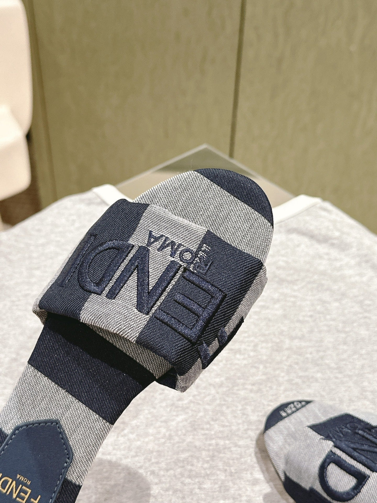 Fendi 26S Slide Sandals Dark Blue And Grey Canvas