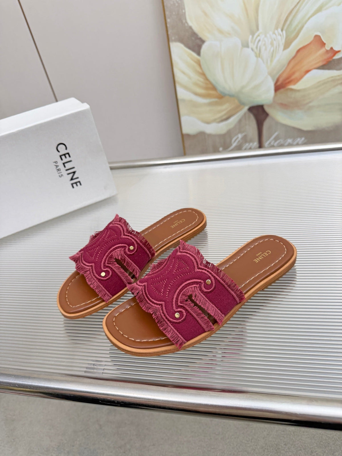 Celine 26s Triomphe Slide Sandals Berry Pink Canvas 415832