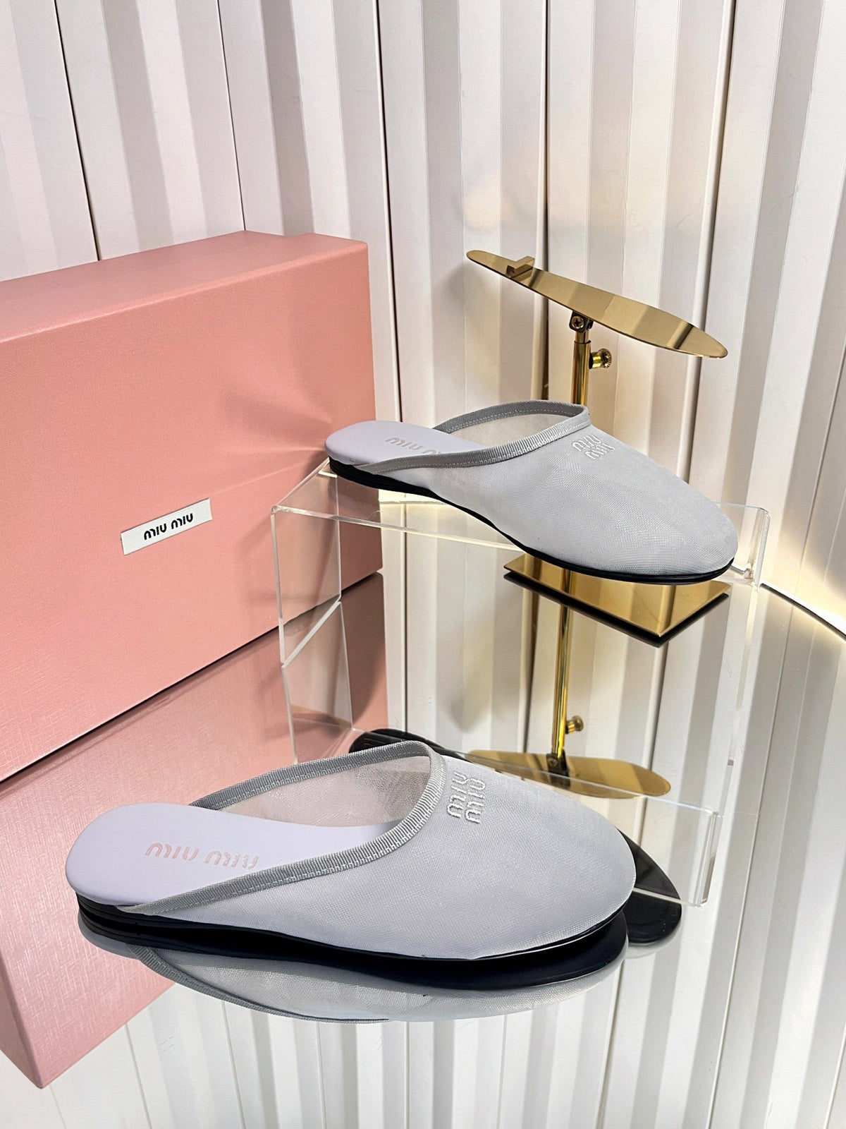 Miumiu 26S Flat Mules Grey Fabric And Leather
