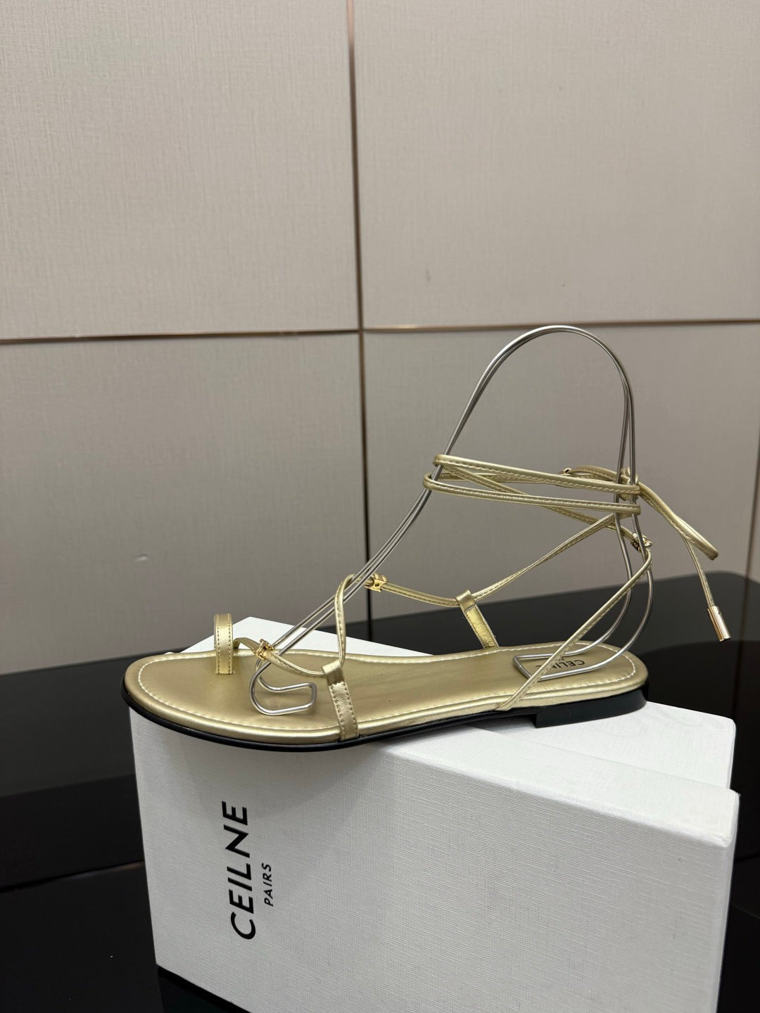Celine 26s Triomphe Lace Up Flat Sandals Gold Calfskin 538194
