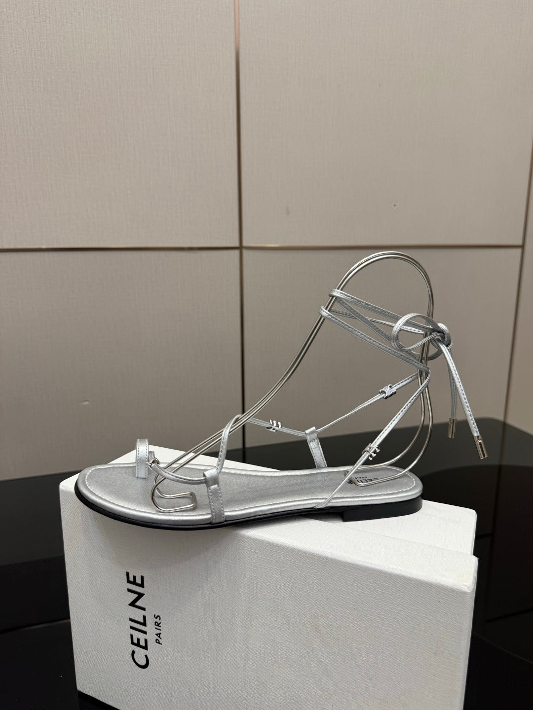 Celine 26s Triomphe Lace Up Flat Sandals Silver Calfskin 417392