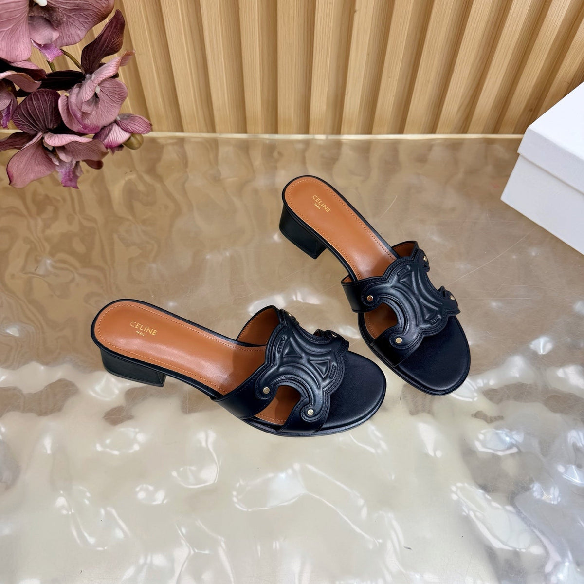 Celine 26s Triomphe Block Heel Mules In Navy Black Calfskin