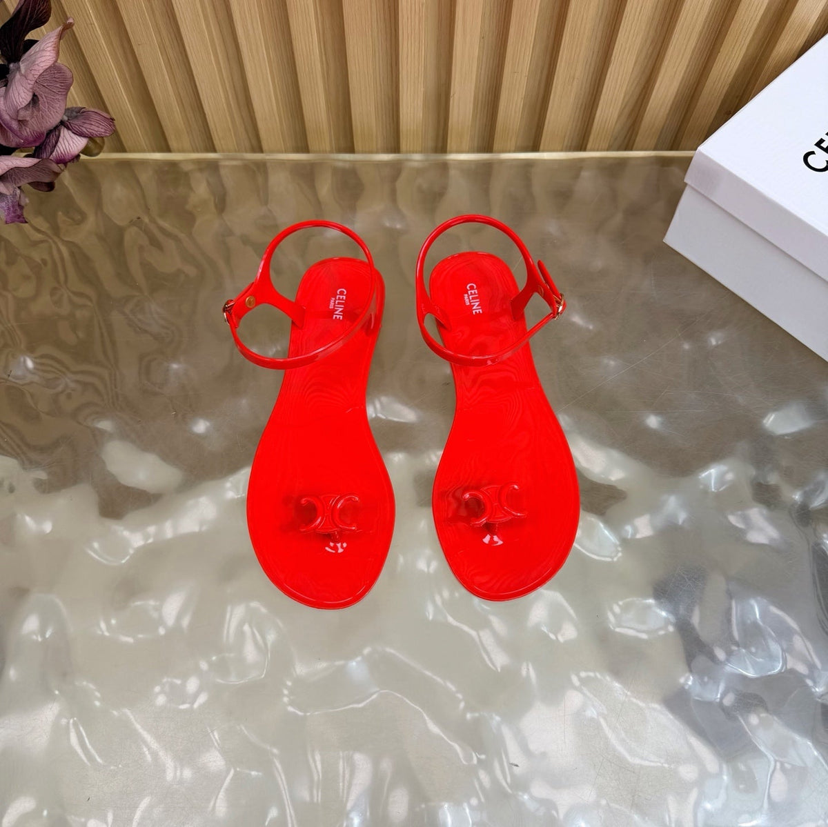 Celine 26s Triomphe Jelly Thong Sandals Bright Red TPU Gold Hardware 742519