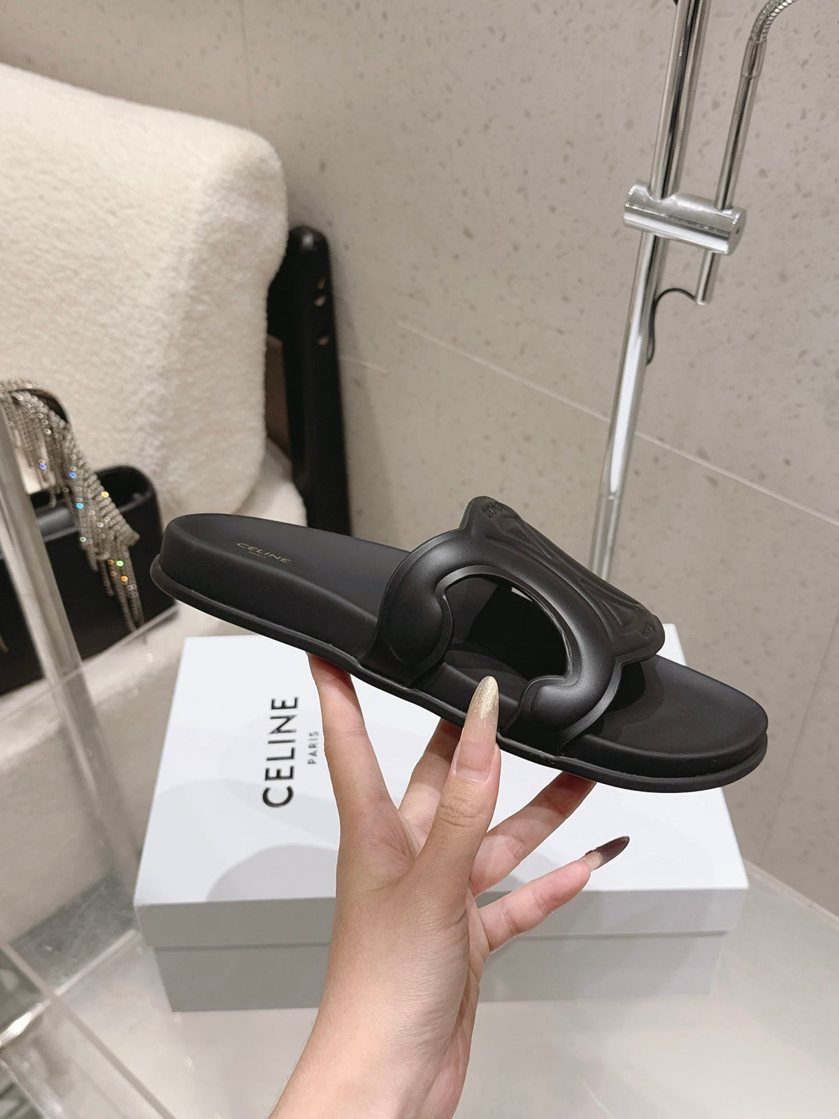 Celine 26s Triomphe Slides Black Calfskin 714052