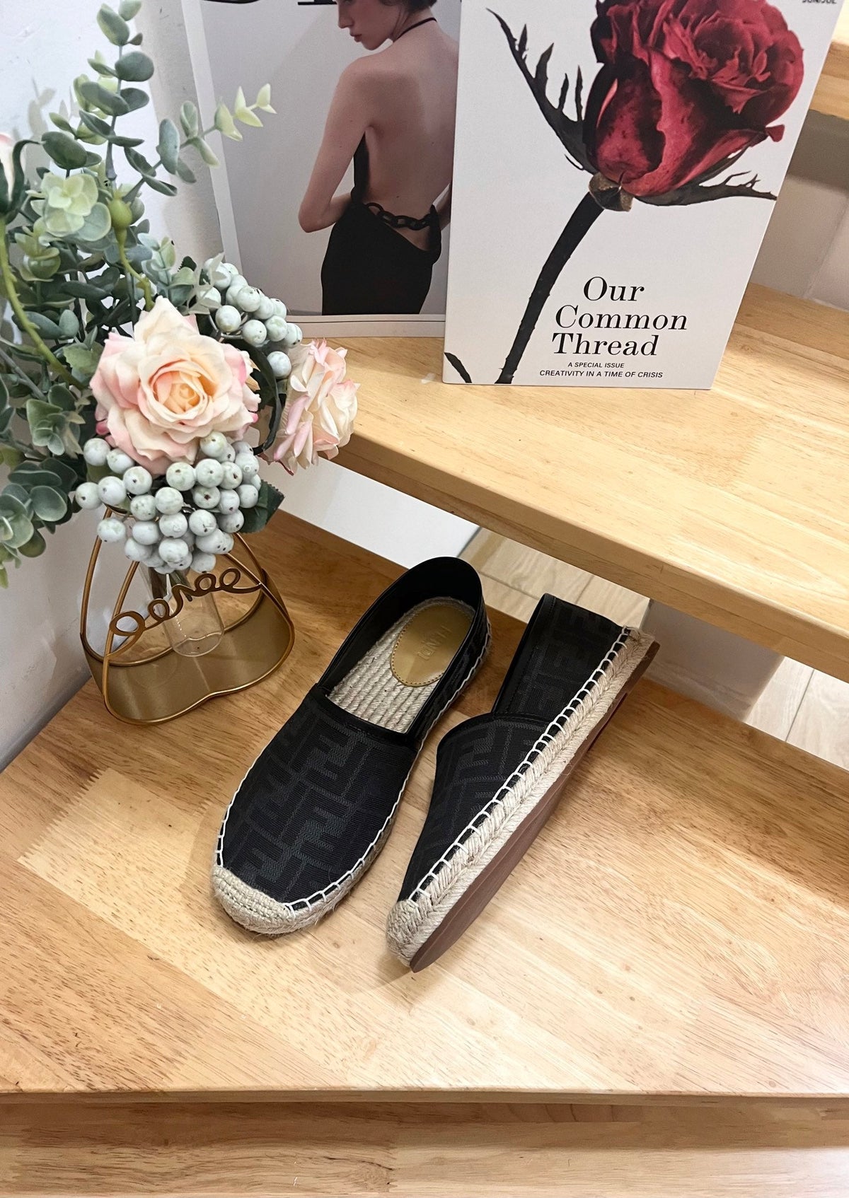 Fendi 26S Espadrille Loafers Black Canvas Style 5