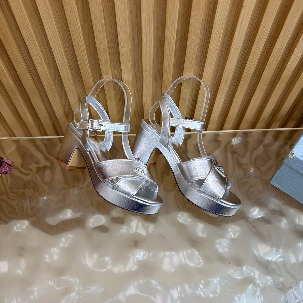 Prada 26S Block Heel Sandals 7.5cm Silver Calfskin