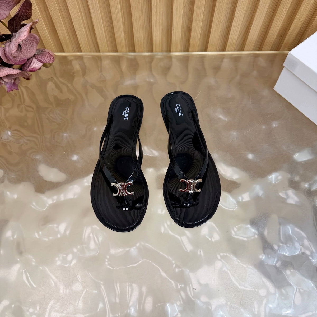 Celine 26s Triomphe Thong Sandals Black TPU Silver Hardware 836154