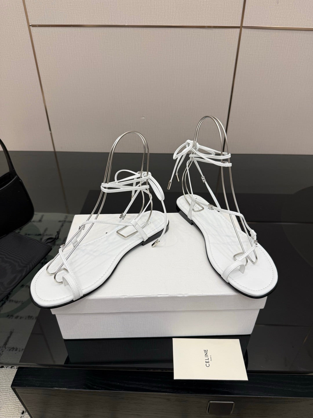 Celine 26s Triomphe Lace Up Flat Sandals White Calfskin 291483